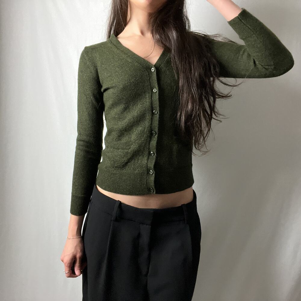 y2k moss green merino wool minimalist fitted button cardigan sweater